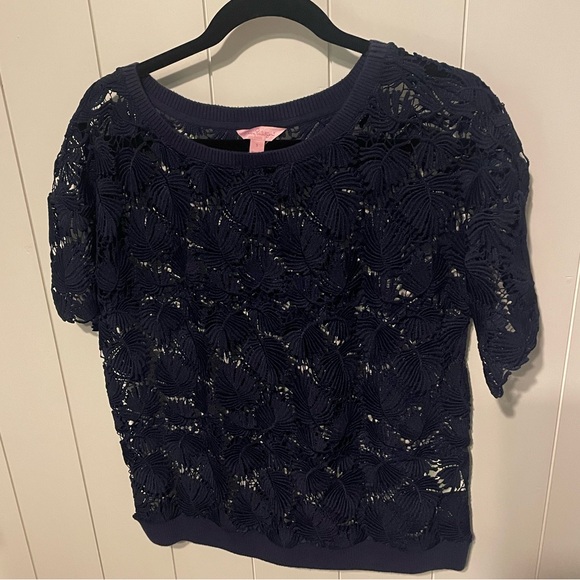 Lilly Pulitzer Lace Kay Royal Palm Top blouse navy blue women’s small s - Picture 3 of 5